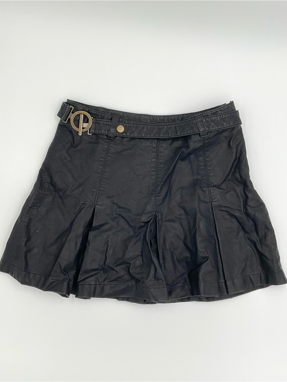 Free People Black Faux Leather A-Line Mini Skirt Belted Size 2